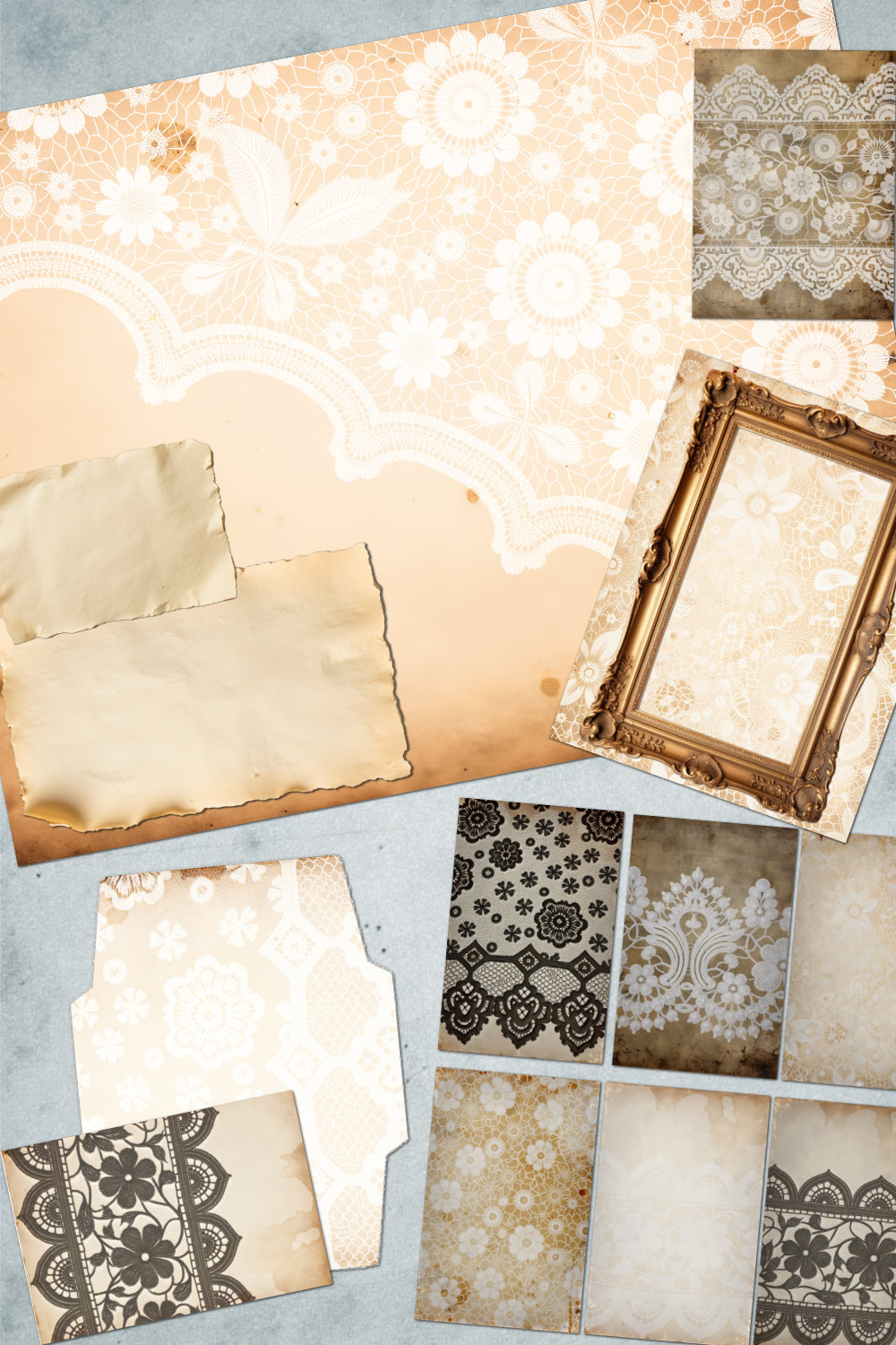 Delicate Lace Over Tea-Stained Papers — Your Freebie This Week