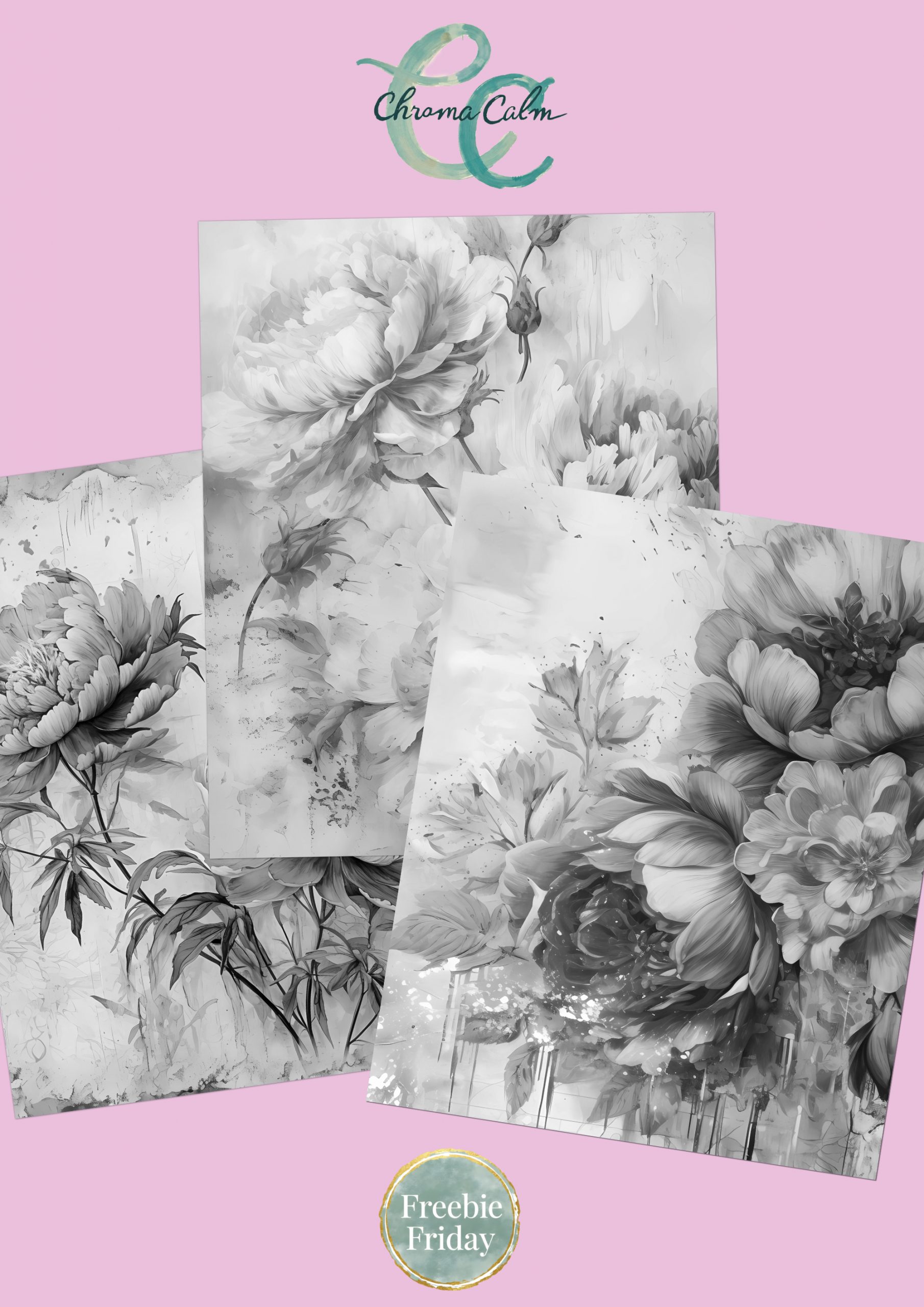 Peonies Black & White Papers — Free Sampler